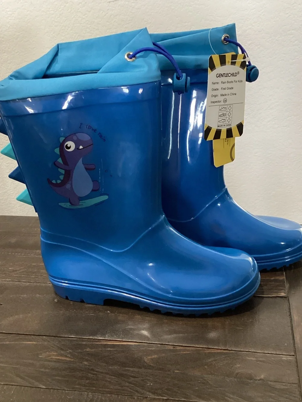 GentleChild Blue Kids Dino Rain Boots with Cozy Cuff